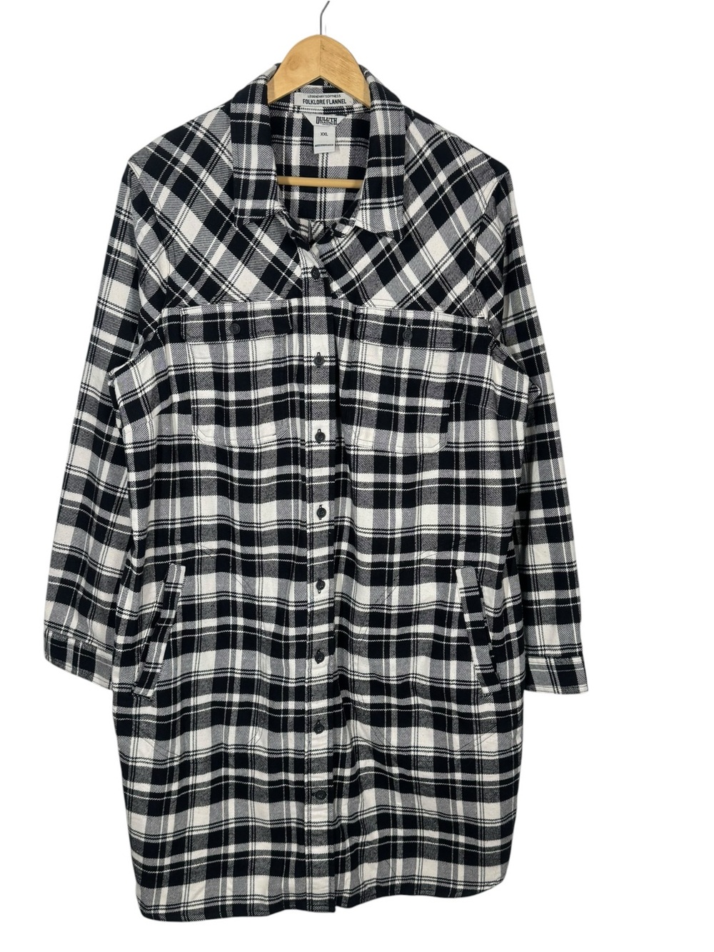 Duluth Trading Womens XXL Folklore Flannel Duster Black Plaid Shirt Jacket